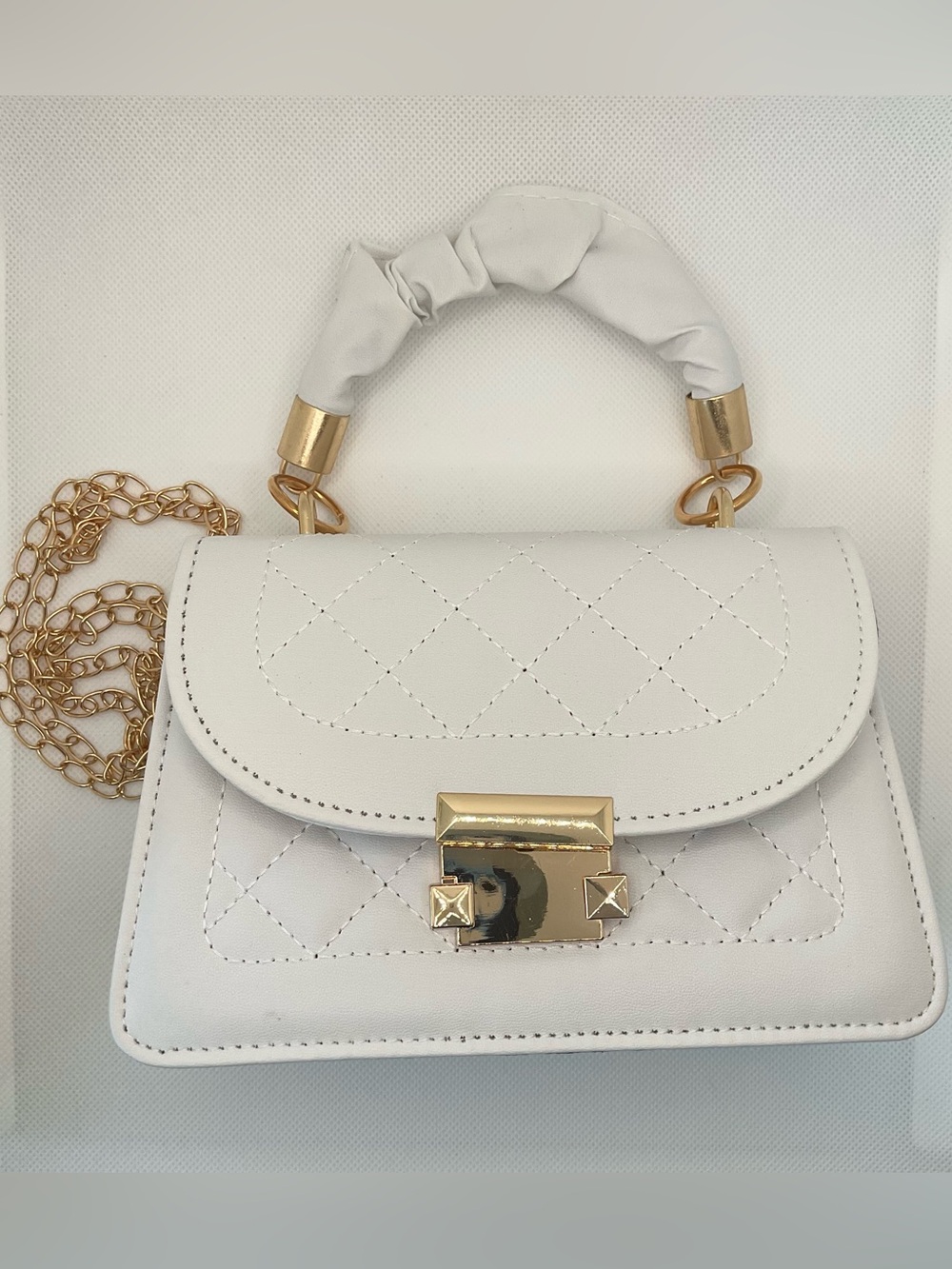 Classic Quilted White Mini Crossbody Bag with Gold Hardware | MayZai Boutique